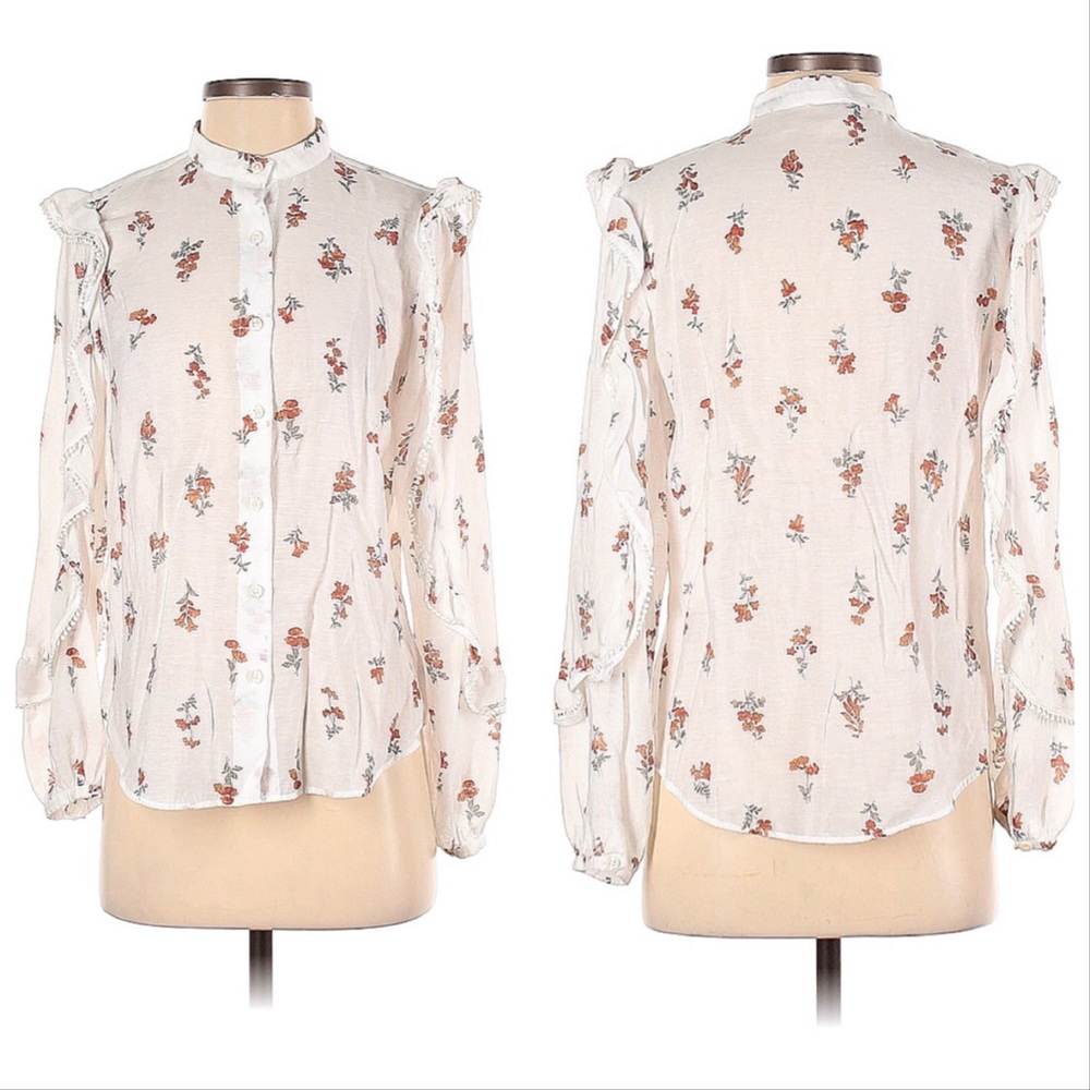 Ann Taylor Floral Linen Long Sleeve High-neck Ruffle Ivory Blouse Oversized XS